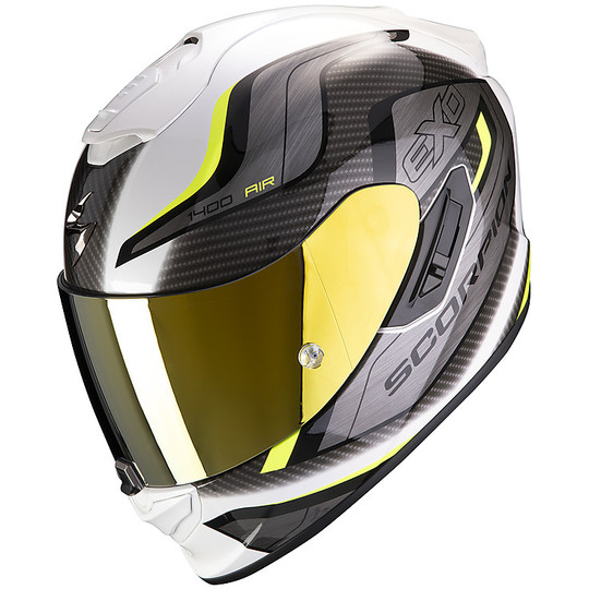 Integrierter Motorradhelm aus Scorpion Fiber EXO 1400 Air ATTUNE Schwarz Weiß Gelb Fluo