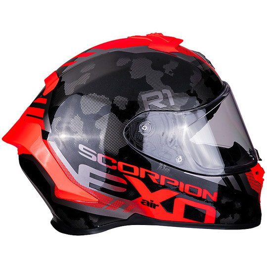 Integrierter Motorradhelm aus Scorpion Fiber EXO R1 Air OGI Schwarz Rot