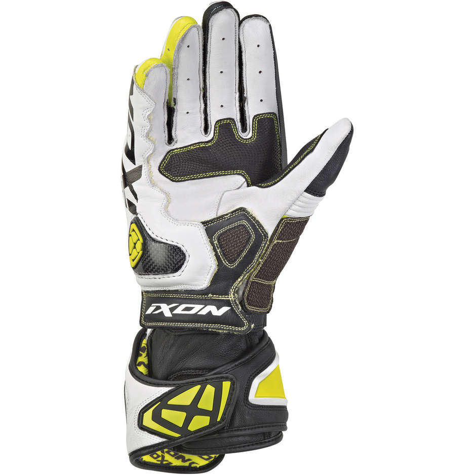 Ixon RS Genius Replica Motorcycle Gloves In Black White Yellow Leather