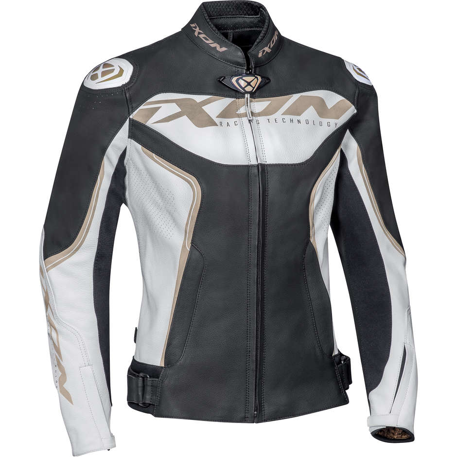 Ixon TRINITY Leather Motorcycle Jacket for Women in White Black Gold