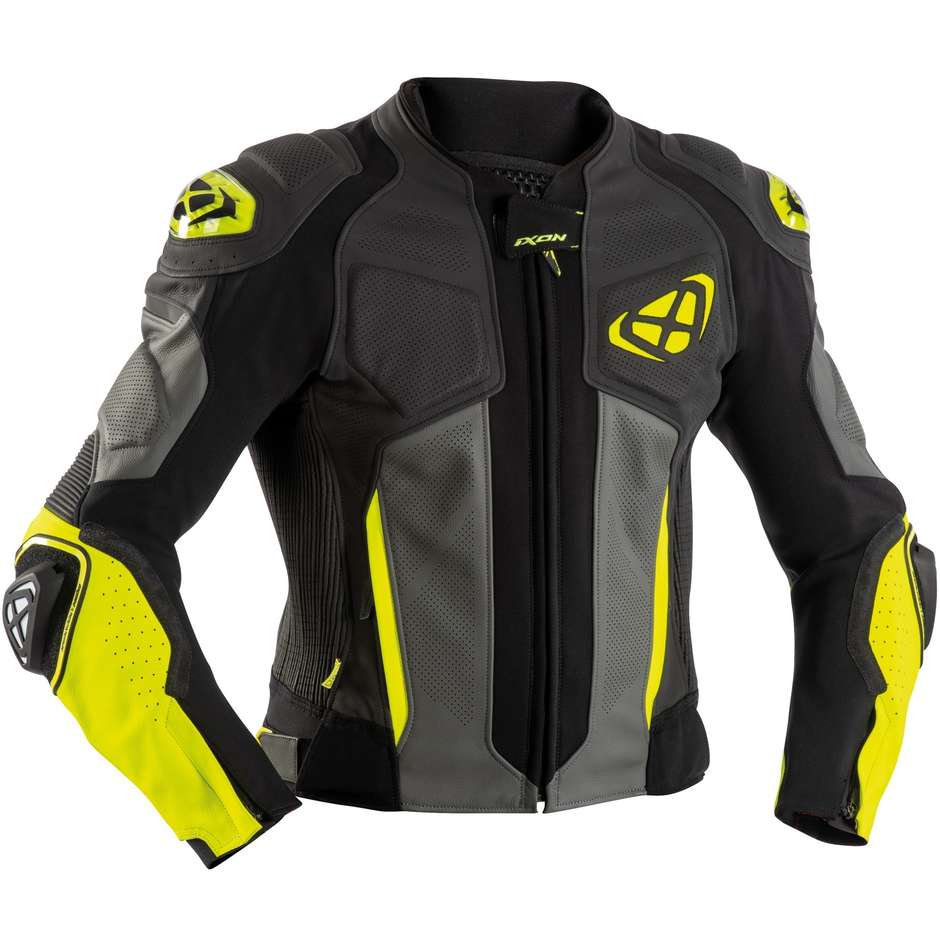 Ixon VENDETTA JK EVO Leather Motorcycle Jacket Black Anthracite Bright Yellow
