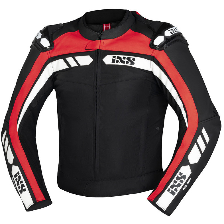 Ixs RS-500 1.0 Veste de moto en cuir et tissu noir rouge blanc