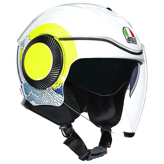 Jet Helmet Double Visor Motorcycle AGV ORBYT Multi SUNSET White Yellow Fluo