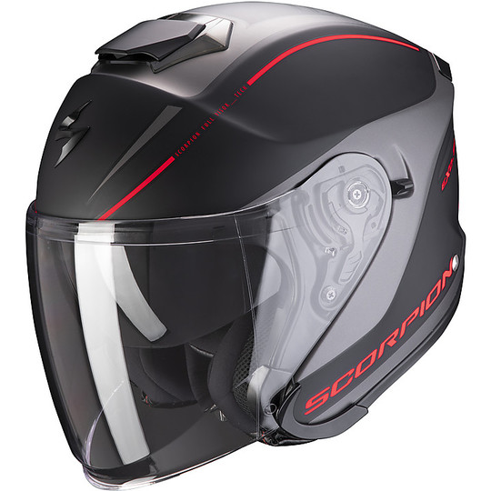 Jet Helmet in Fiberglass Double Visor Scorpion EXO-S1 SHADOW Black Red Matt