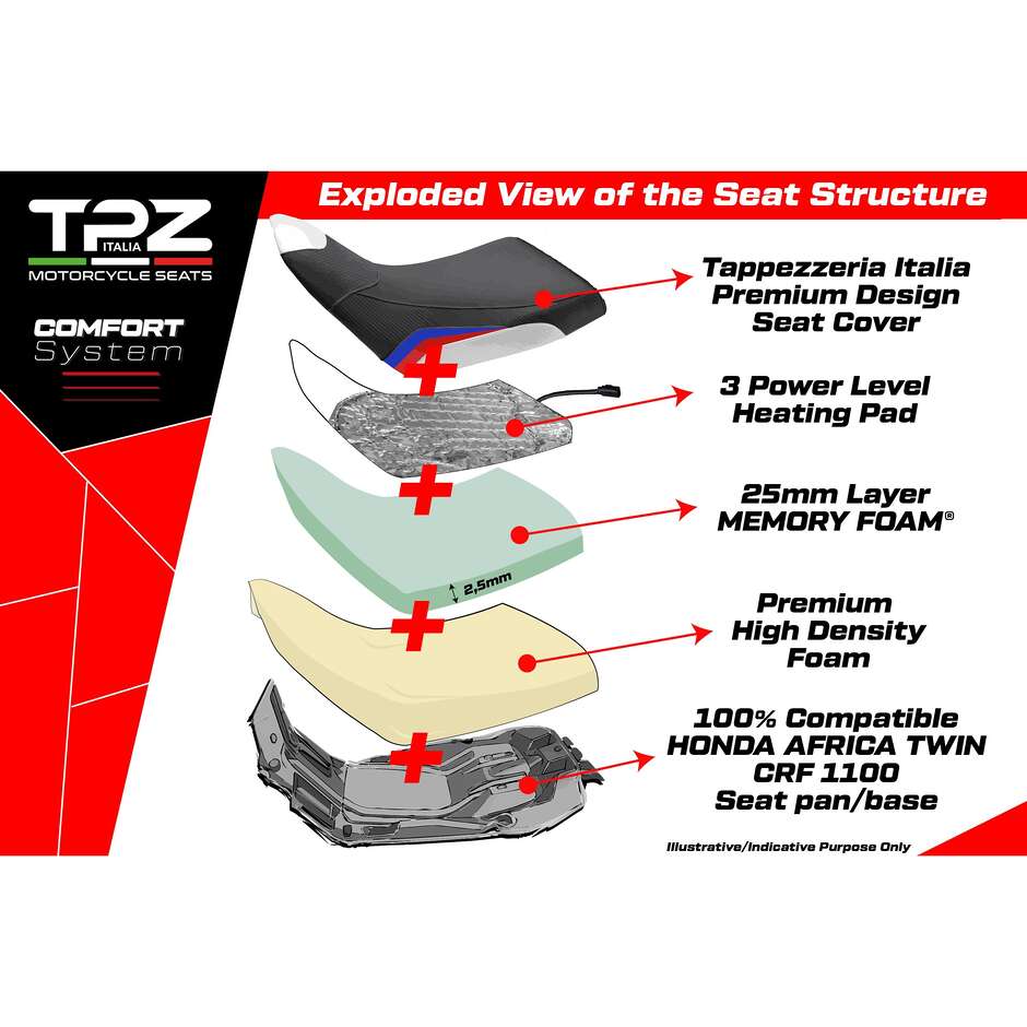 Kompletter Sitz TPZ Italia Specific HonPer für Africa Twin 1100 Modell 2020-2025 Asmara Heiz- und Komfortsystem - Tiefergelegt