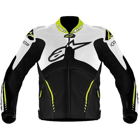 Leather motorcycle jacket Alpinestars ATEM LEATHER JACKET Black-White-Yellow Fluo