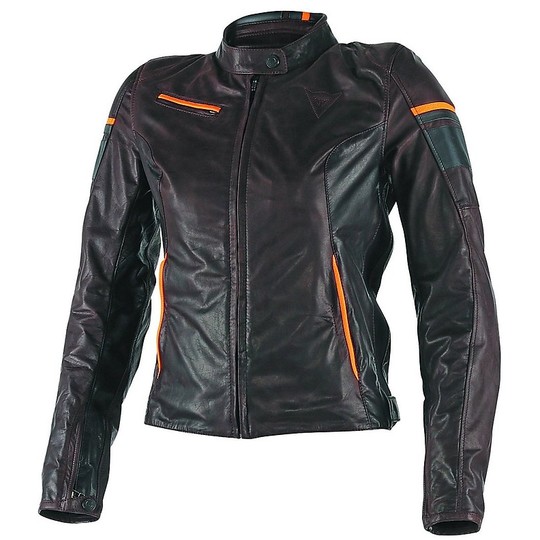 Leather Motorcycle Jacket Dainese Lady Michelle Model Dark Brown / Orange