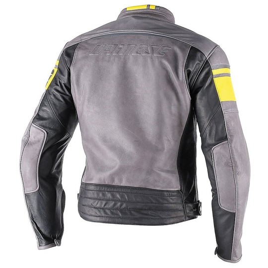 Leather Motorcycle Jacket Dainese Model BlackJack Yellow Smoke
