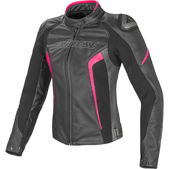 Leather Motorcycle Jacket Dainese Racing D1 Lady Black / Anthracite / Fuchsia