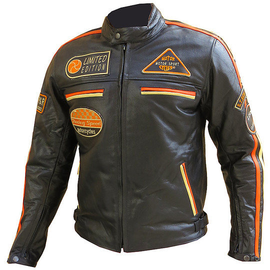 Leather Motorcycle Jacket Very soft  Super Vintage con Patch Black Orange