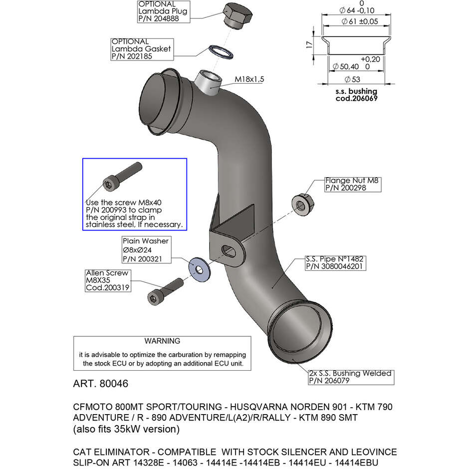 Leovince 80046 Catalytic Converter Eliminator Connection Specific For HUSQVARNA Norden901 (22-25); KTM 890Adventure/L A2/R/Rally (21-25); 890SMT (23-24); 790Adventure/R (19-24); CF MOTO 800MT (22-24)