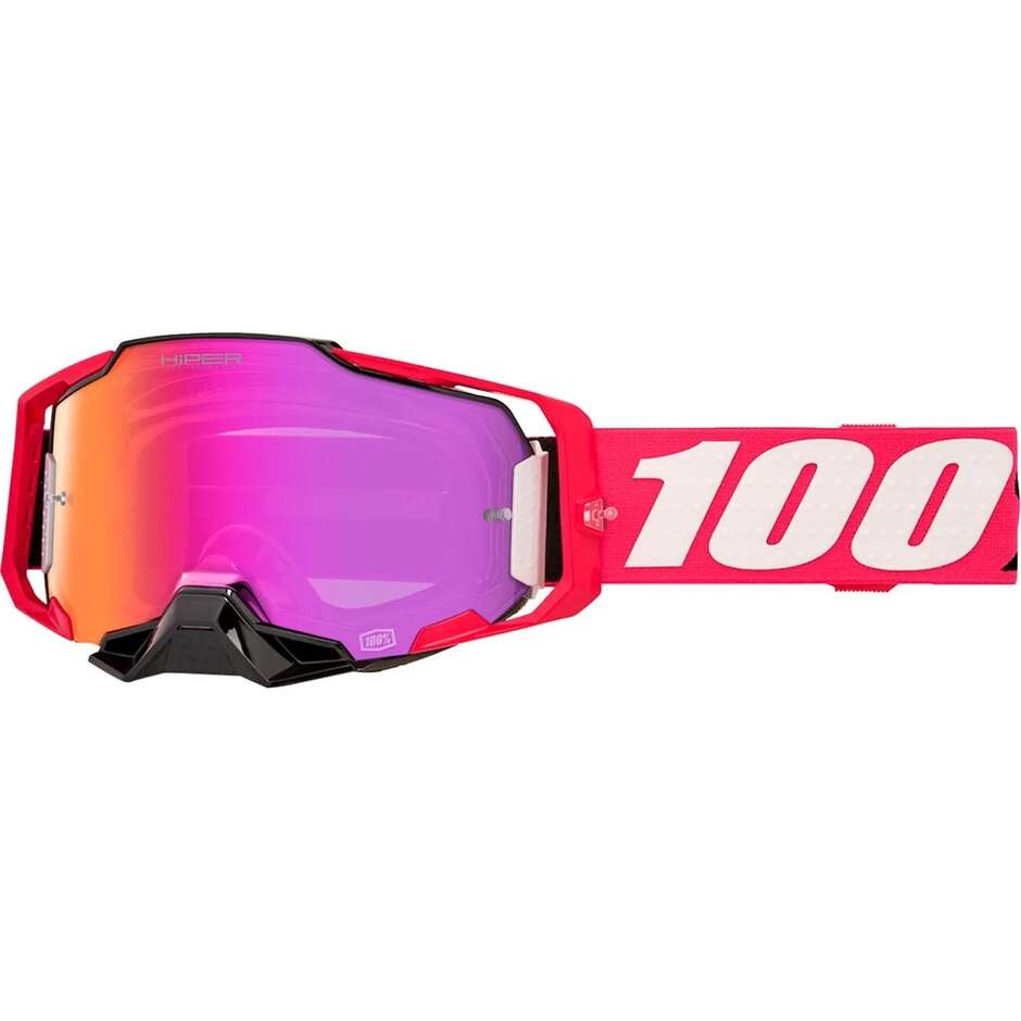 Lunettes de moto enduro 100% ARMEGA HIPER KLOUG Rose et Blanc Cross avec verres miroirs roses