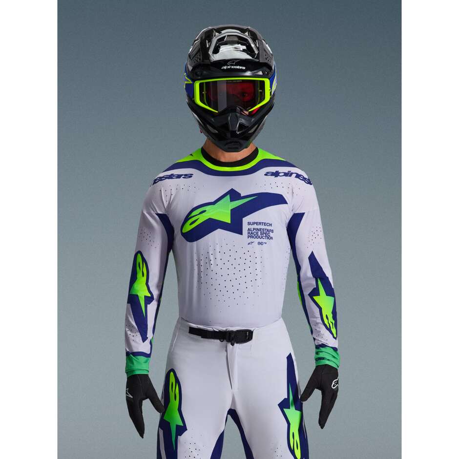 Maglia Moto Cross Enduro Alpinestars SUPERTECH VISTA Grigio Chiaro Giallo Fluo Blu