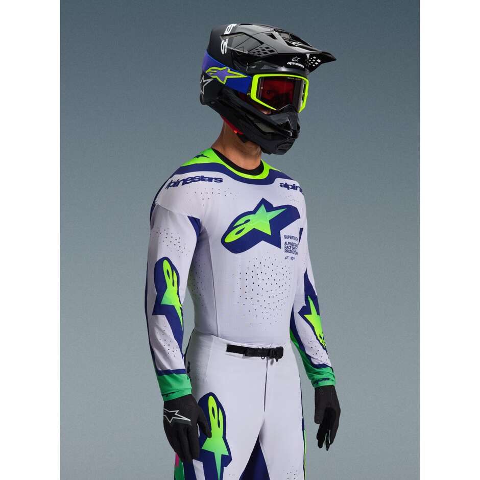 Maglia Moto Cross Enduro Alpinestars SUPERTECH VISTA Grigio Chiaro Giallo Fluo Blu