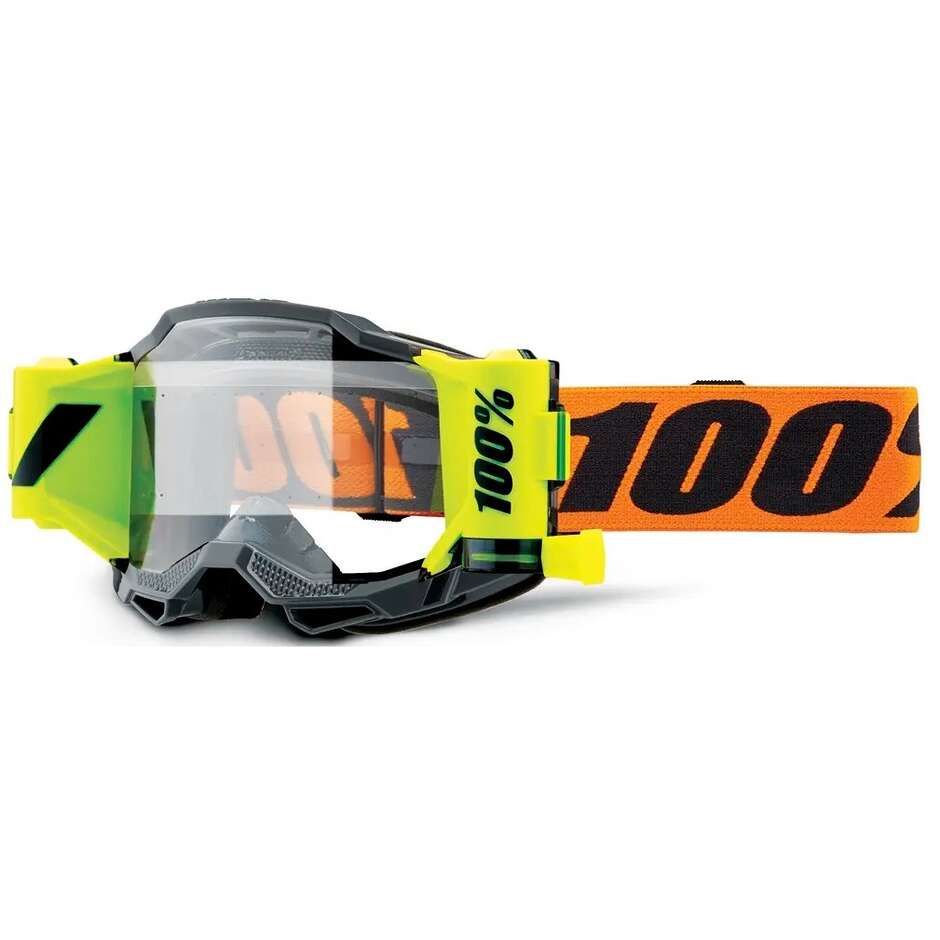 Maschera Moto Cross Enduro 100% ACCURI 2 FORECAST Nero Arancio Giallo Fluo Lente Trasparente