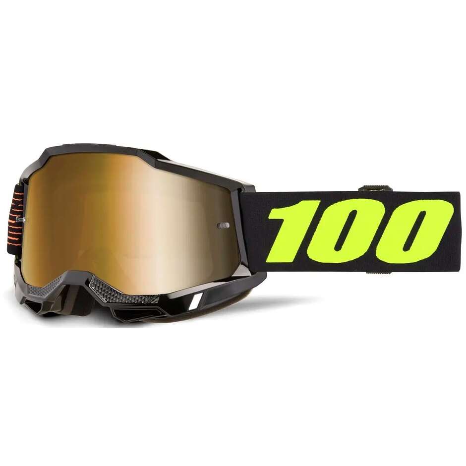Maschera Moto Cross Enduro 100% ACCURI 2 Nero Giallo Fluo Lente Oro Specchio
