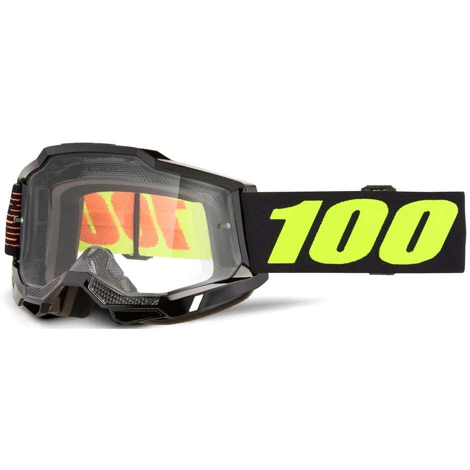 Maschera Moto Cross Enduro 100% ACCURI 2 Nero Giallo Fluo Lente Trasparente