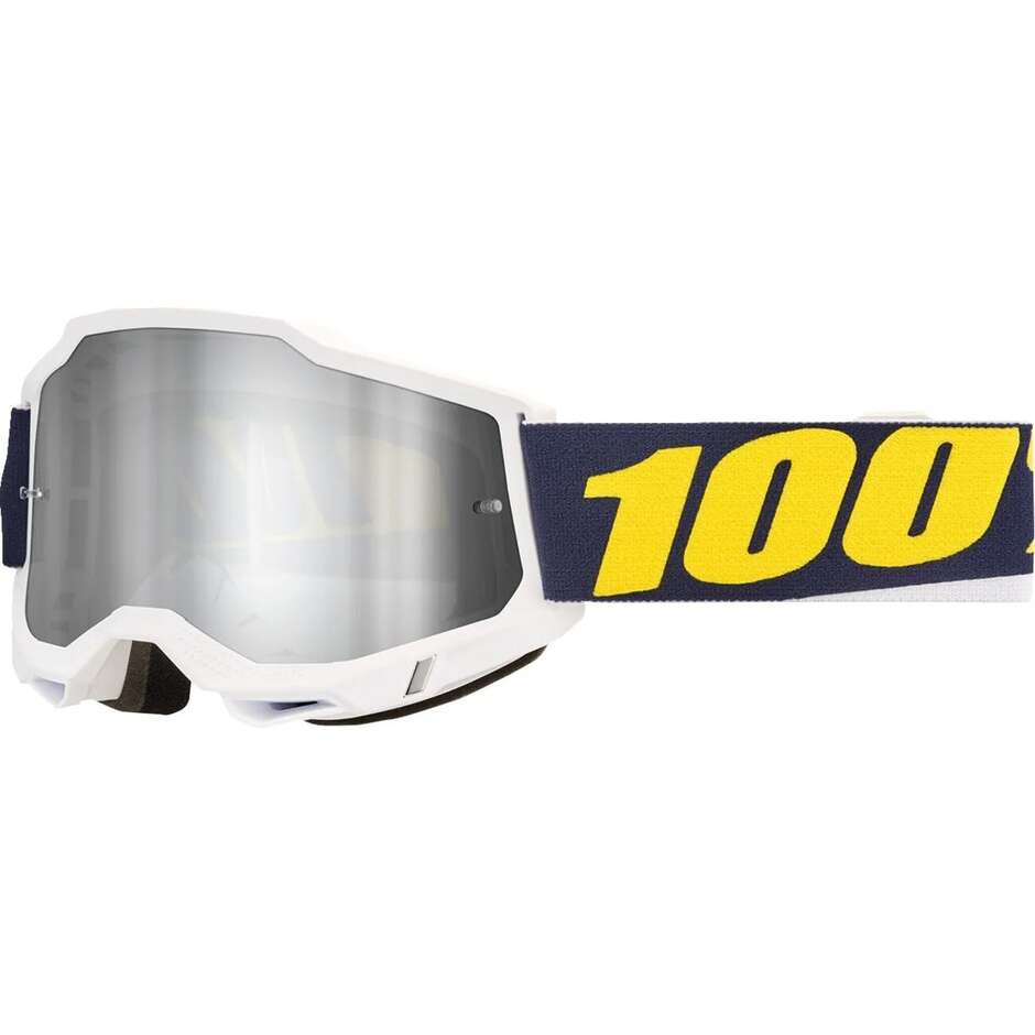 Maschera Moto Cross Enduro 100% ACCURI 2 TORC Blu Bianco Giallo Lente Silver