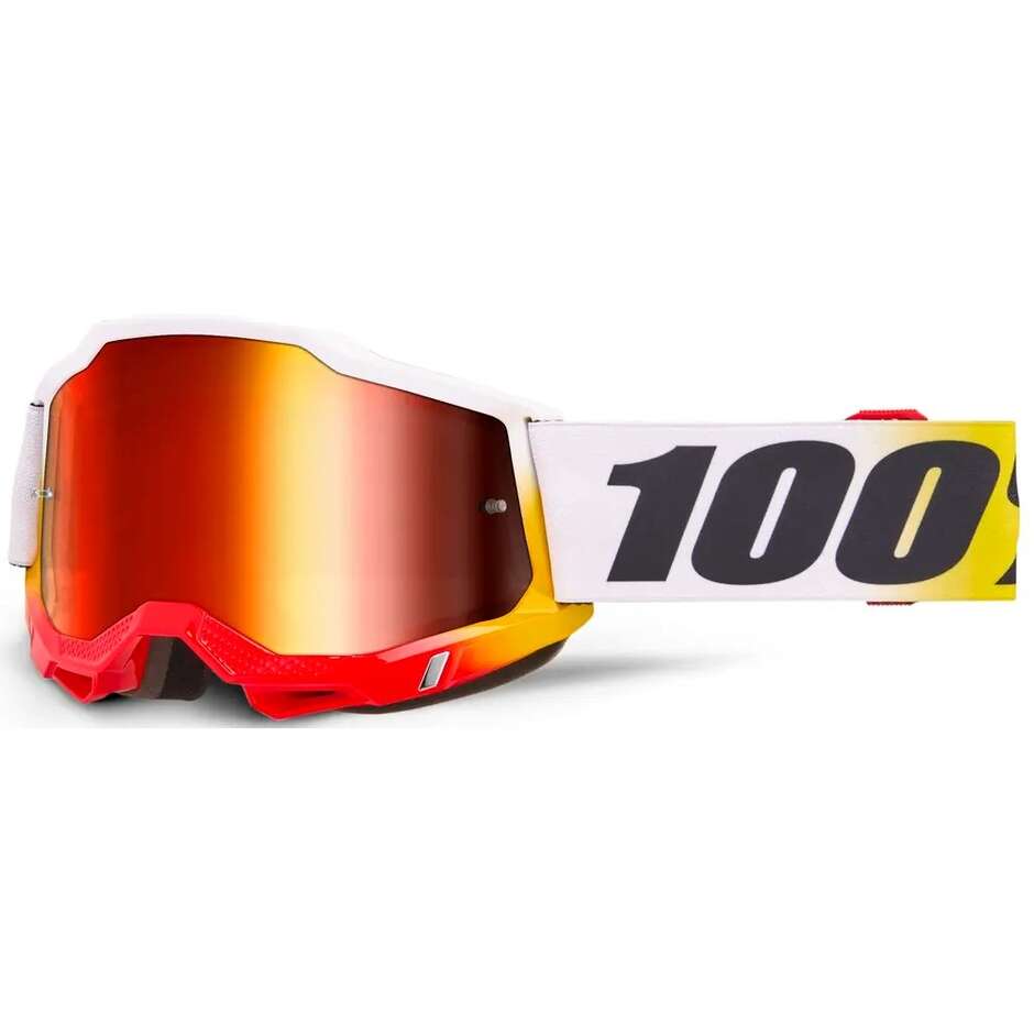 Maschera Moto Cross Enduro 100% ACCURI 2 TORKEN Rosso Giallo Bianco Nero Lente Rossa Specchio