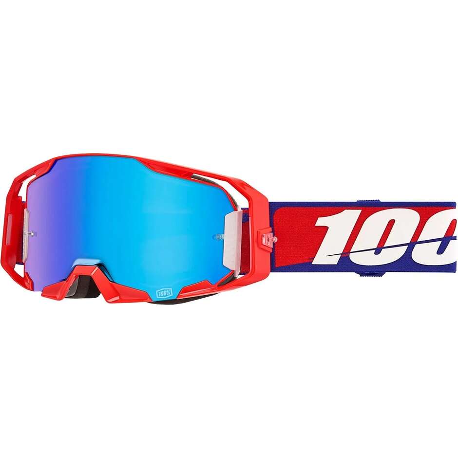 Maschera Moto Cross Enduro 100% ARMATIC BEST Blu Bianco Rosso Lente Blu Specchio