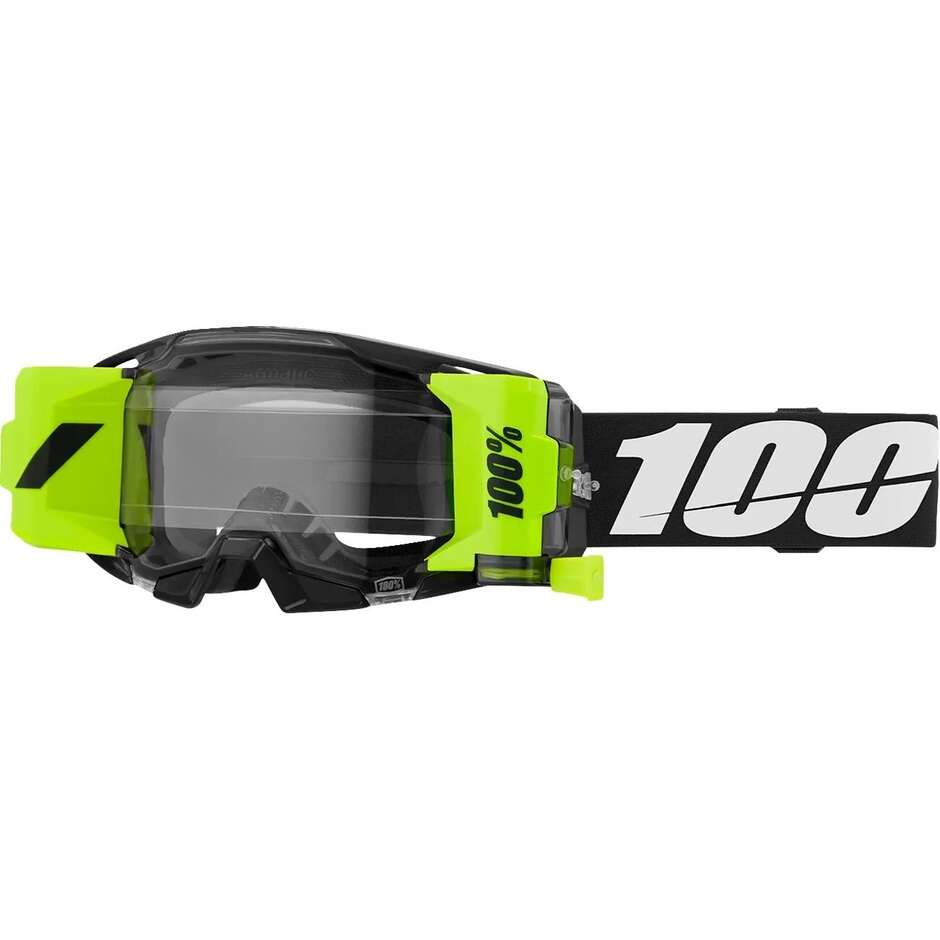 Maschera Moto Cross Enduro 100% ARMATIC FORECAST Nero Giallo Fluo Bianco Lente Trasparente