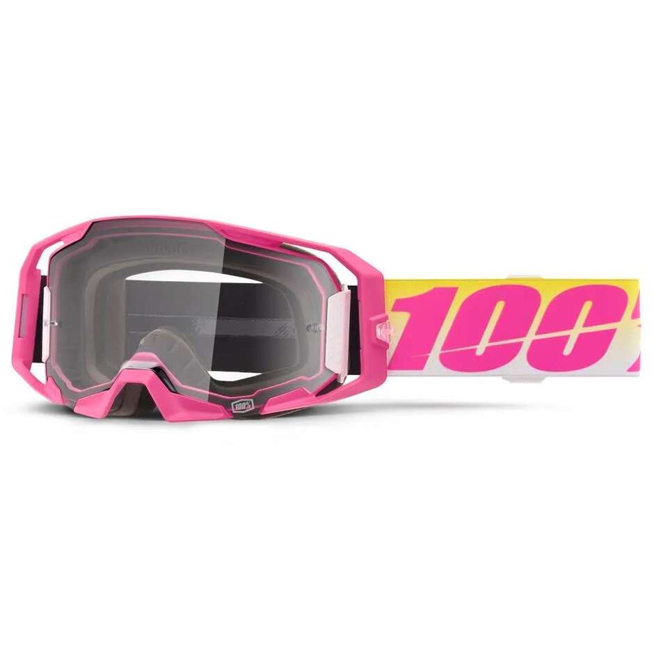 Maschera Moto Cross Enduro 100% ARMATIC SELLARS Rosa Giallo Bianco Lente Trasparente