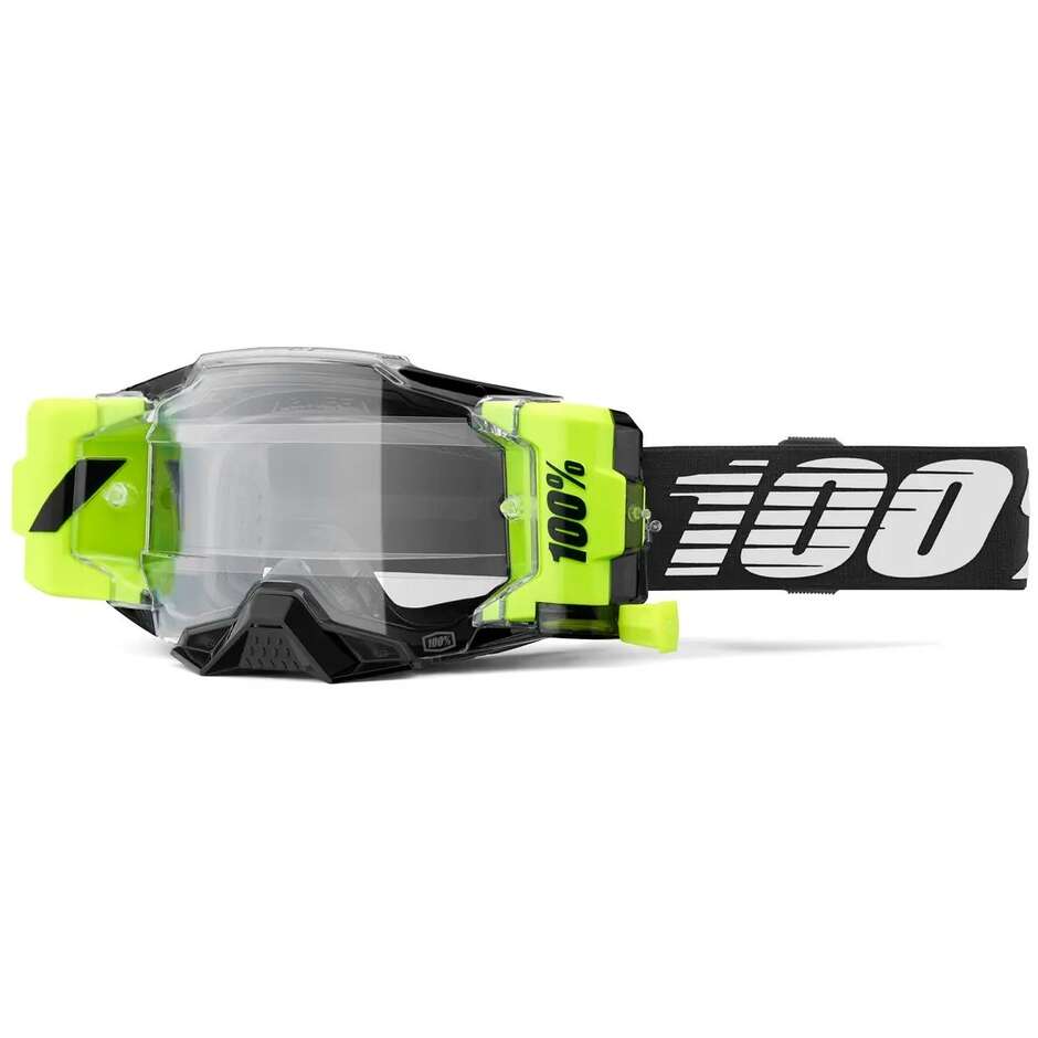 Maschera Moto Cross Enduro 100% ARMEGA FORECAST Nero Bianco Giallo Fluo Lente Trasparente