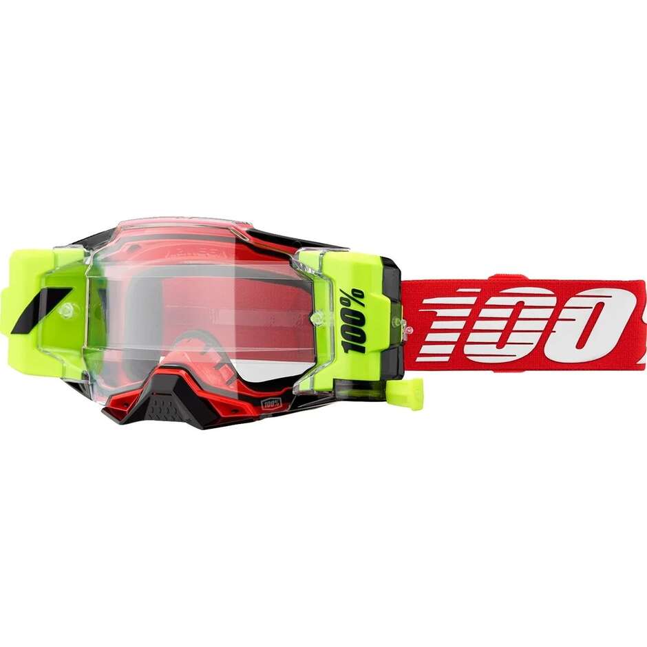 Maschera Moto Cross Enduro 100% ARMEGA FORECAST Rosso Giallo Fluo Bianco Lente Trasparente