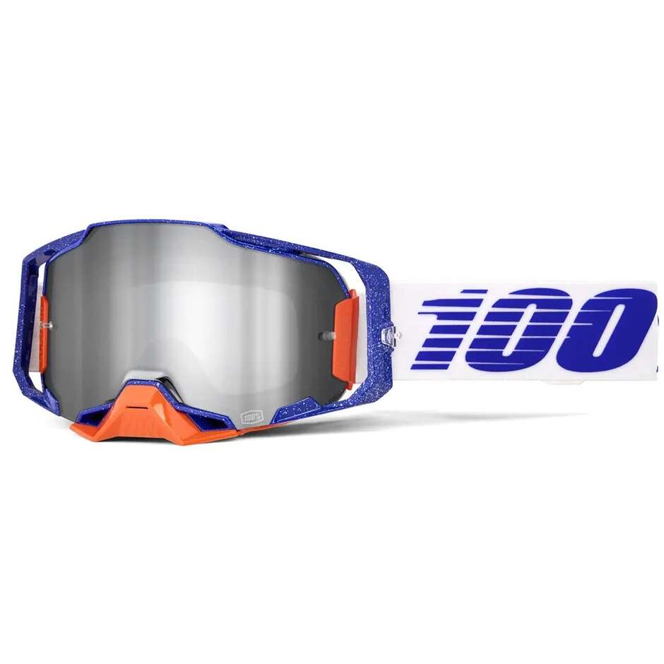 Maschera Moto Cross Enduro 100% ARMEGA LAVINGAAD Blu Bianco Arancio Lente Silver Specchio