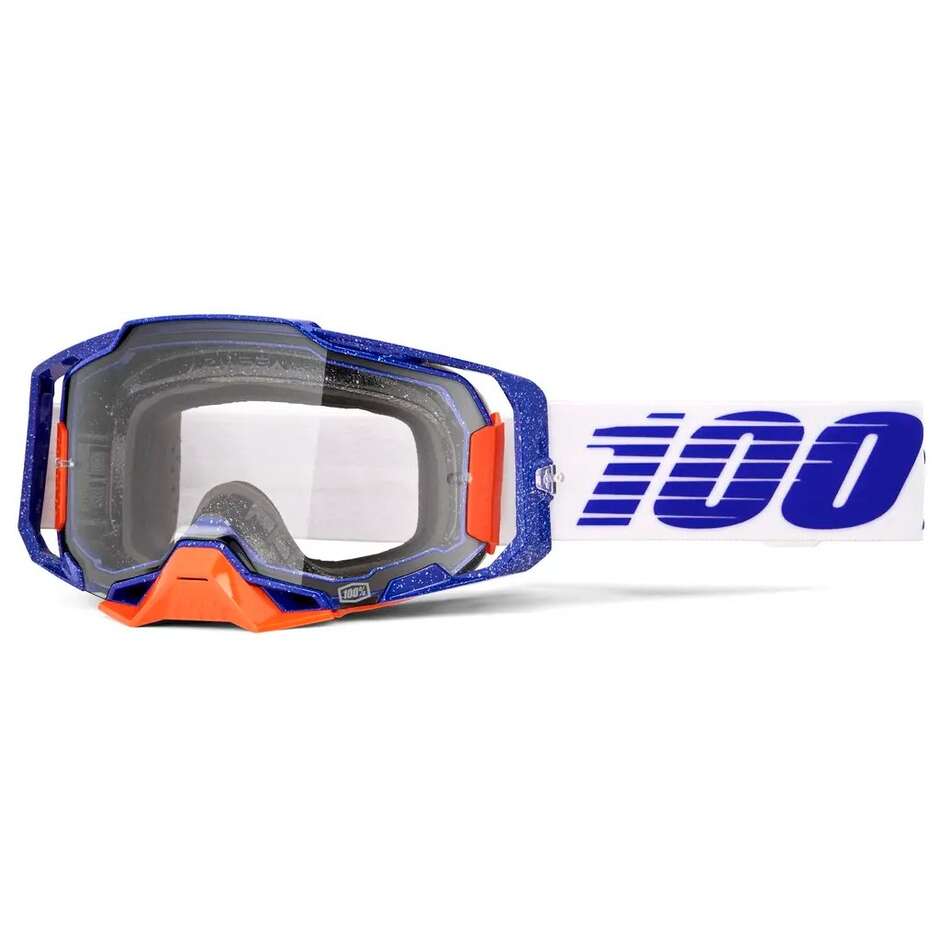 Maschera Moto Cross Enduro 100% ARMEGA LAVINGAAD Blu Bianco Arancio Lente Trasparente
