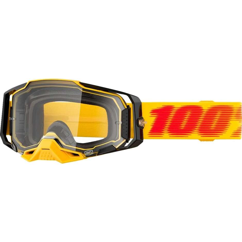 Maschera Moto Cross Enduro 100% ARMEGA TESTSU Giallo Nero Arancio Lente Trasparente