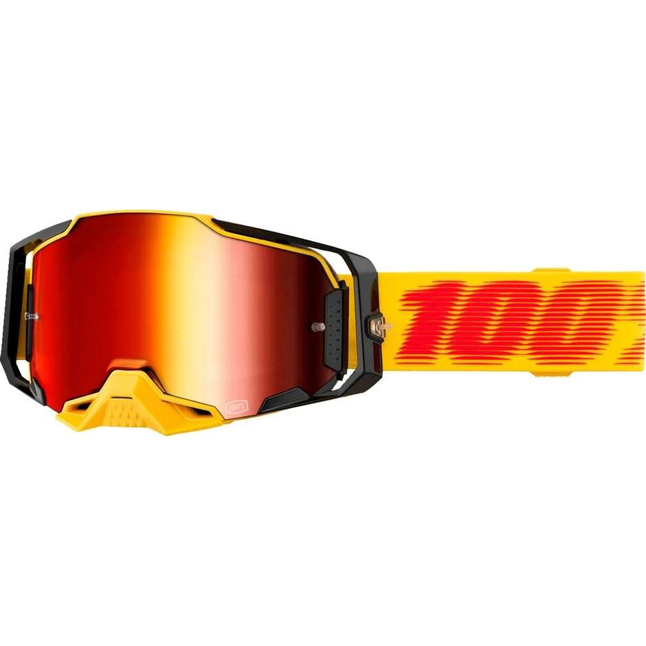 Maschera Moto Cross Enduro 100% ARMEGA TETSU Giallo Nero Lente Rossa Specchio