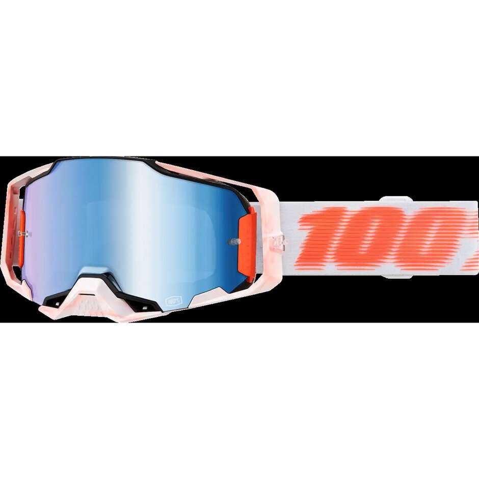 Maschera Moto Cross Enduro 100% ARMEGA TUBOLAR  Arancione Bianco Lente Blu