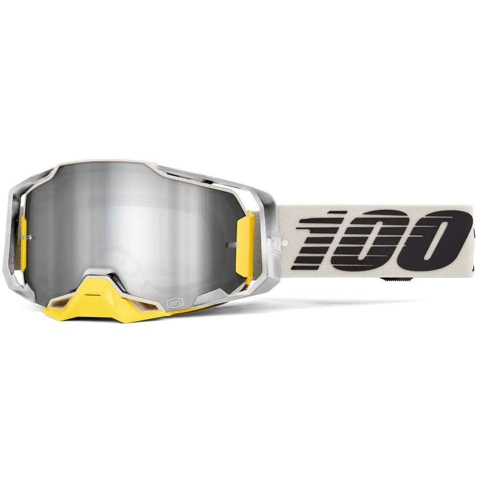 Maschera Moto Cross Enduro 100% ARMEGA VIGGO Argento Bianco Giallo Lente Silver
