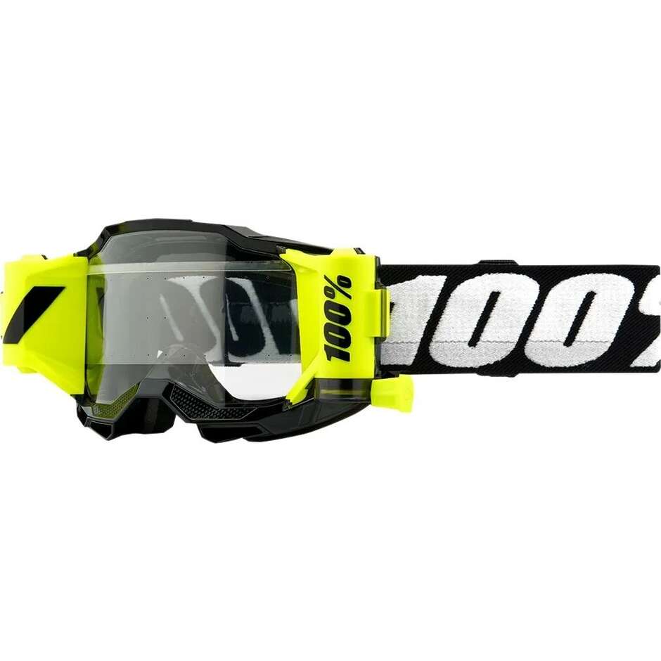 Maschera Moto Cross Enduro Bambini 100% ACCURI 2 FORECAST Nero Bianco Giallo Fluo Lente Trasparente