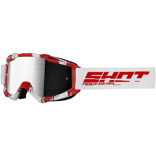 Maschera Occhiali Moto Cross Enduro Shot IRIS Over Bianco Rosso Lente Silver 