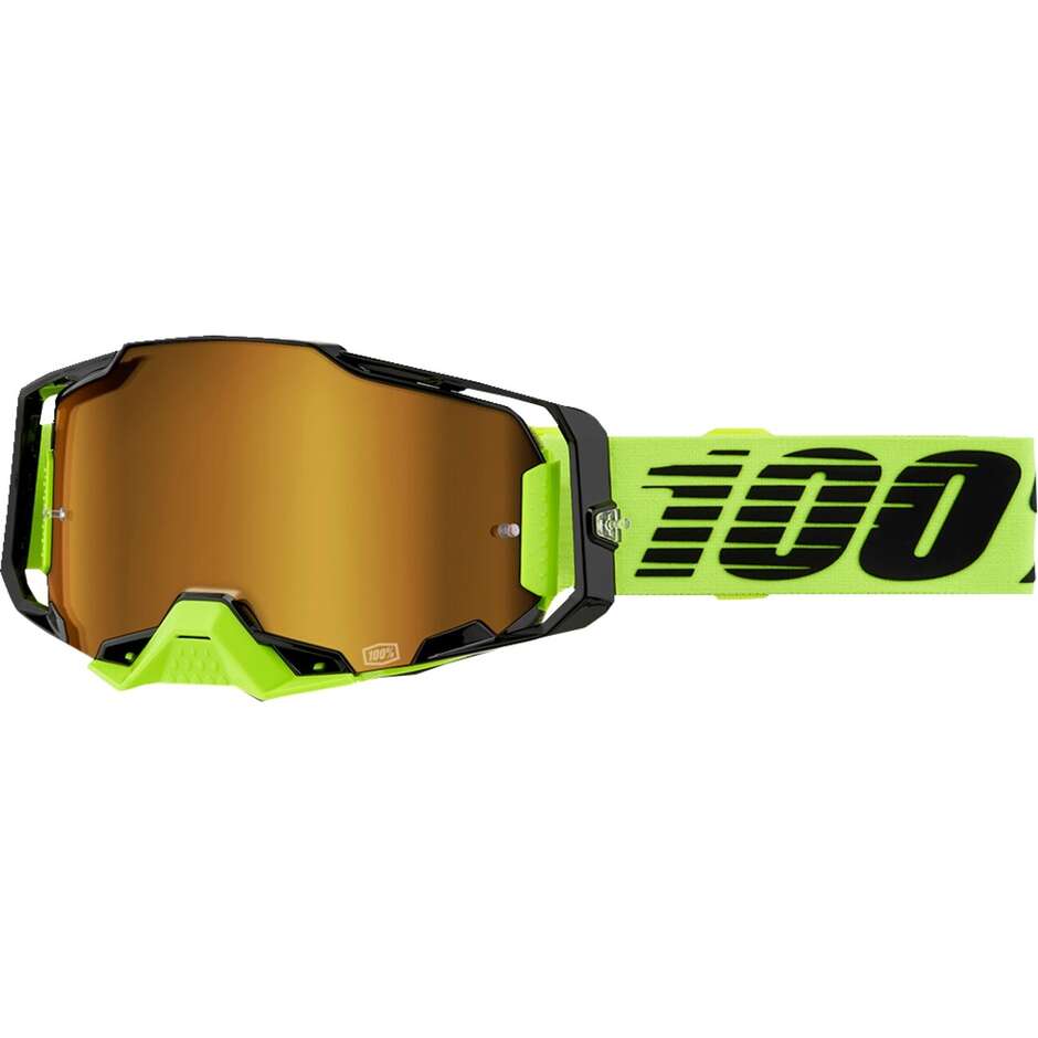 Masque de moto 100% ARMEGA NEON Yellow Cross Enduro avec lentille dorée