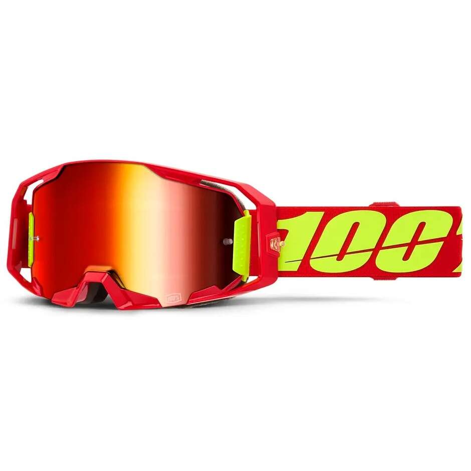 Masque de motocross/enduro ARMATIC 100% rouge et jaune fluo, lentille miroir rouge