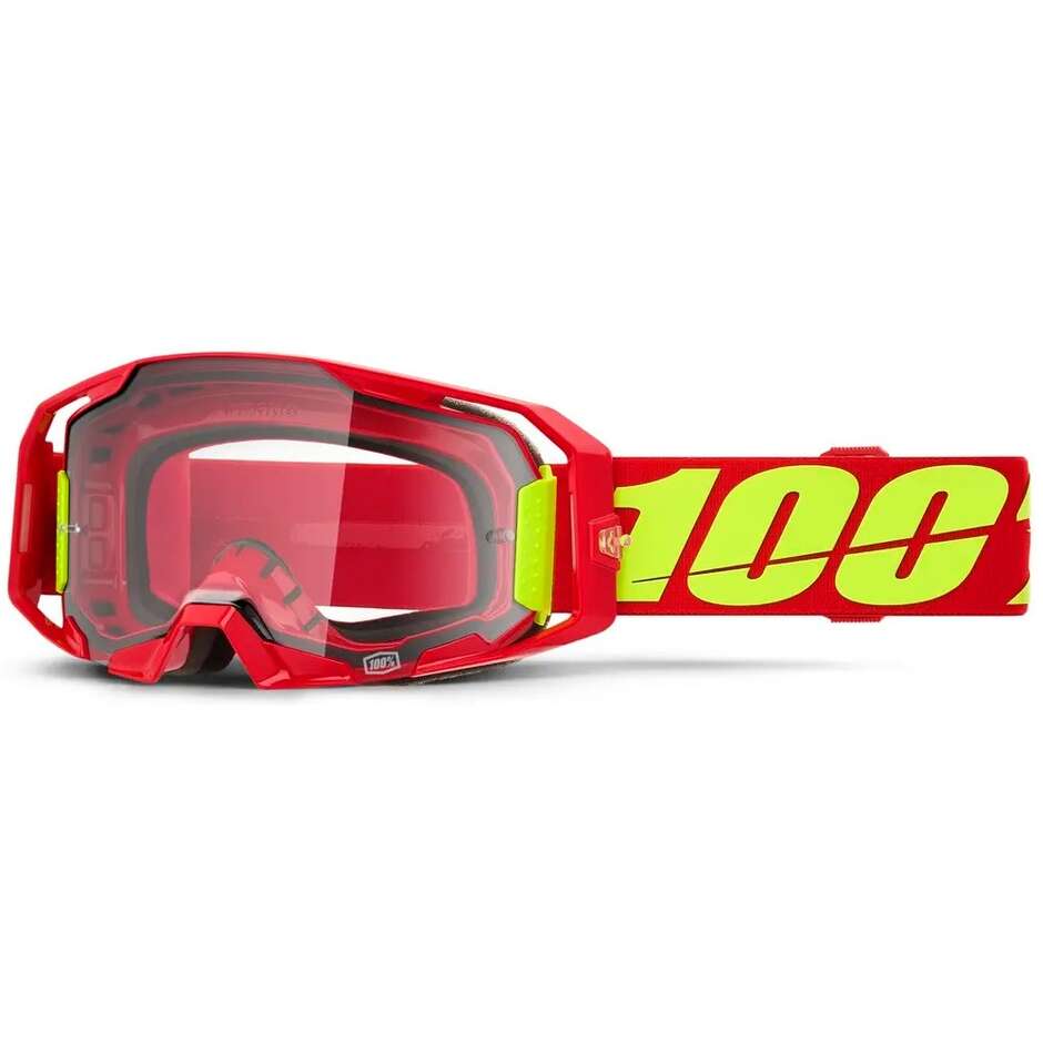 Masque de motocross/enduro ARMATIC 100% rouge et jaune fluo, lentille transparente