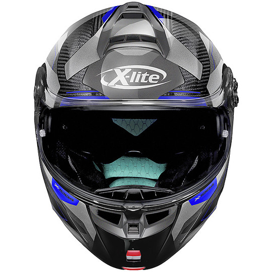 Modular Motorcycle Helmet in X-Lite Carbon X-1004 Ultra Carbon DEDALON N-Com 019 Glossy Black Blue