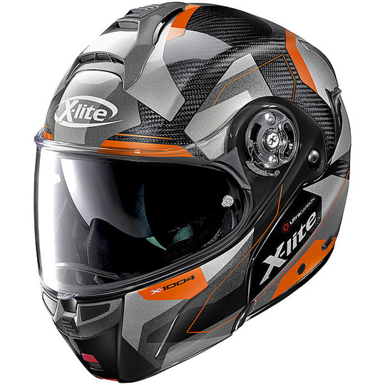 Modular Motorcycle Helmet in X-Lite Carbon X-1004 Ultra Carbon DEDALON N-Com 020 Glossy Black Orange