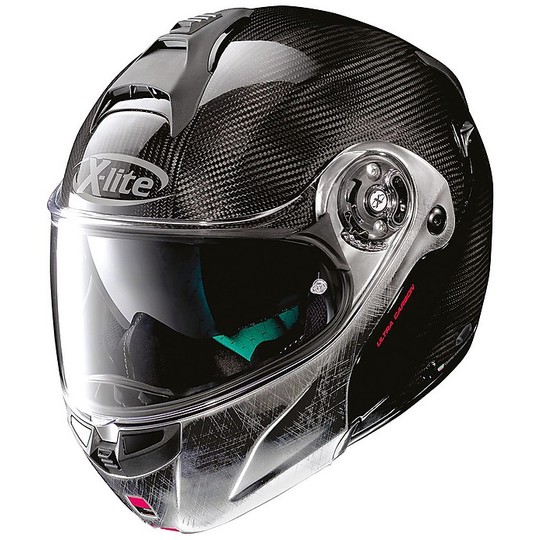 Modular Motorcycle Helmet X-Lite X-1004 Ultra Carbon DYAD N-Com 001 Carbon Chin Guard Scratched Chromed