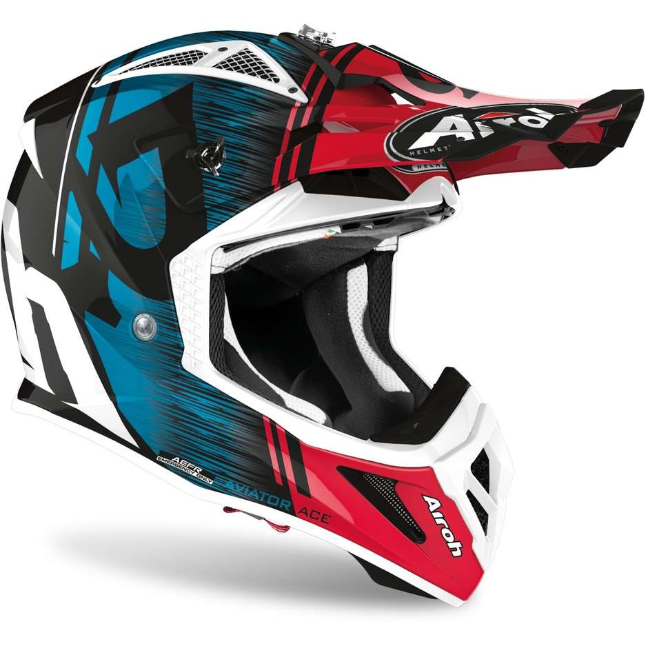 Moto Cross Enduro Helm aus Airoh Fiber AVIATOR ACE Kybon Blau Rot Glänzend