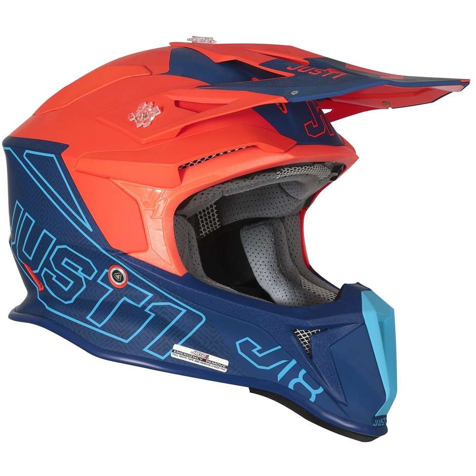 Moto Cross Enduro Helm aus Faser Just1 J18 VERTIGO Blau Weiß Orange Fluo Matt