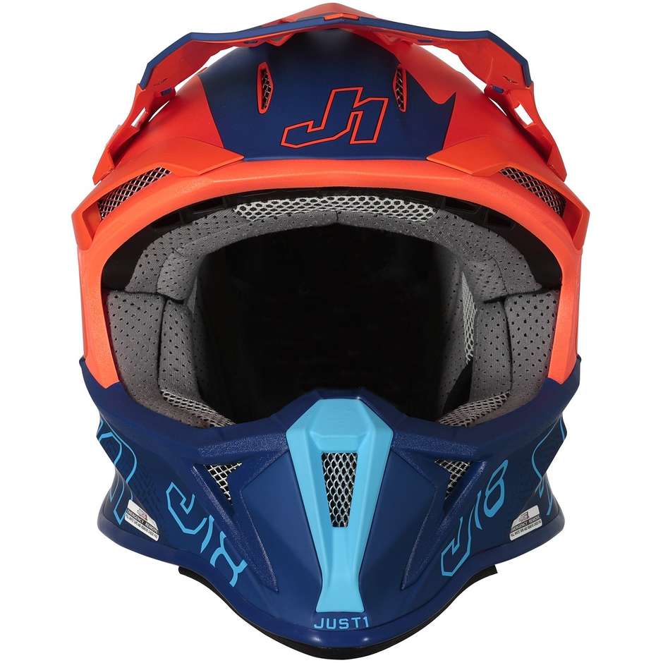 Moto Cross Enduro Helm aus Faser Just1 J18 VERTIGO Blau Weiß Orange Fluo Matt