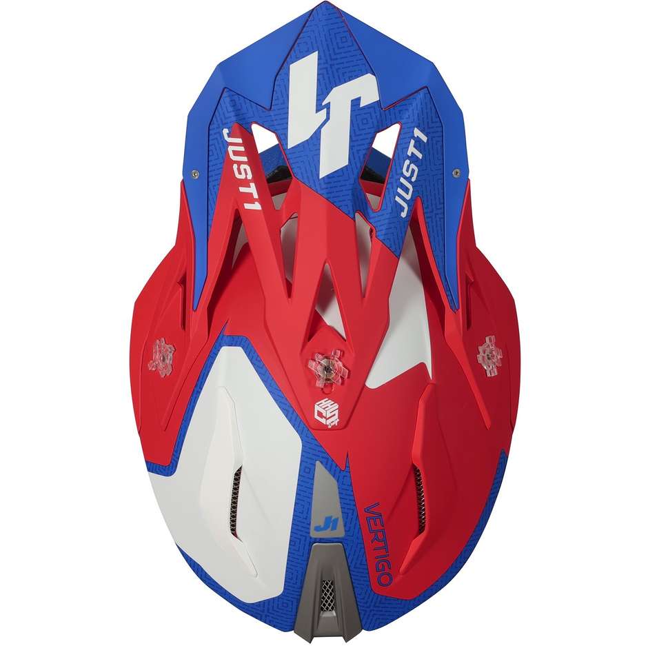 Moto Cross Enduro Helm aus Just1 J18 VERTIGO Fiber Blau Weiß Rot
