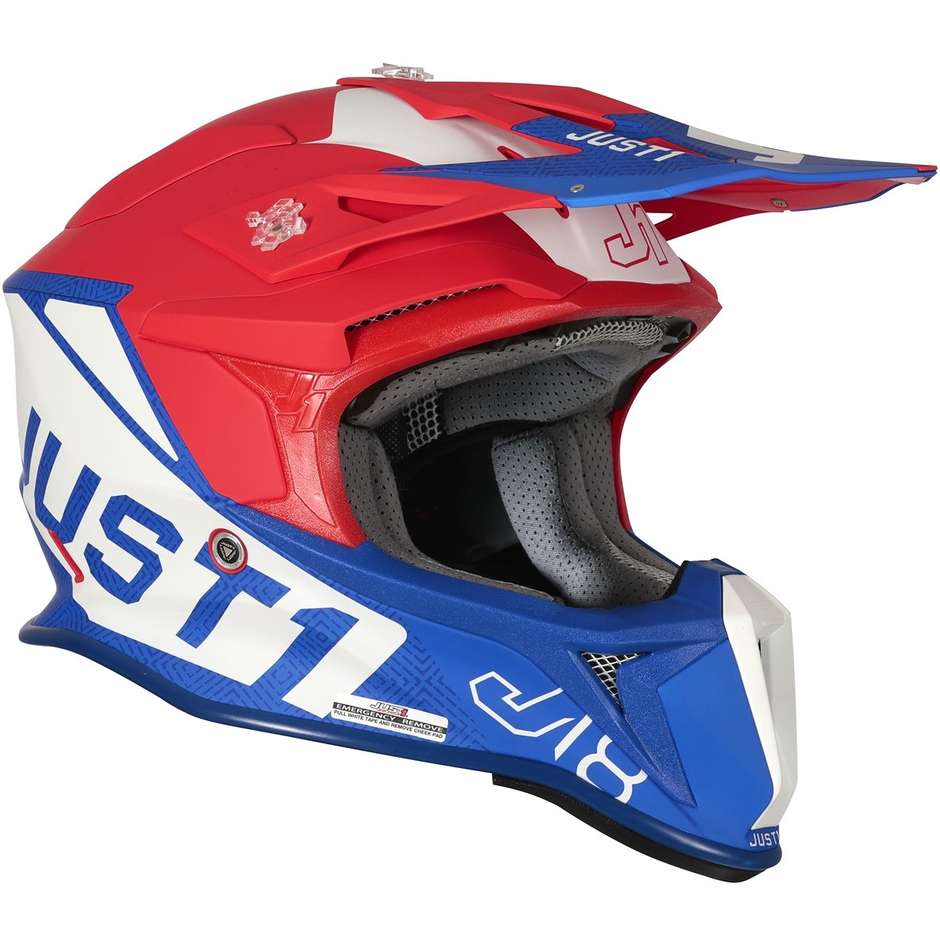 Moto Cross Enduro Helm aus Just1 J18 VERTIGO Fiber Blau Weiß Rot