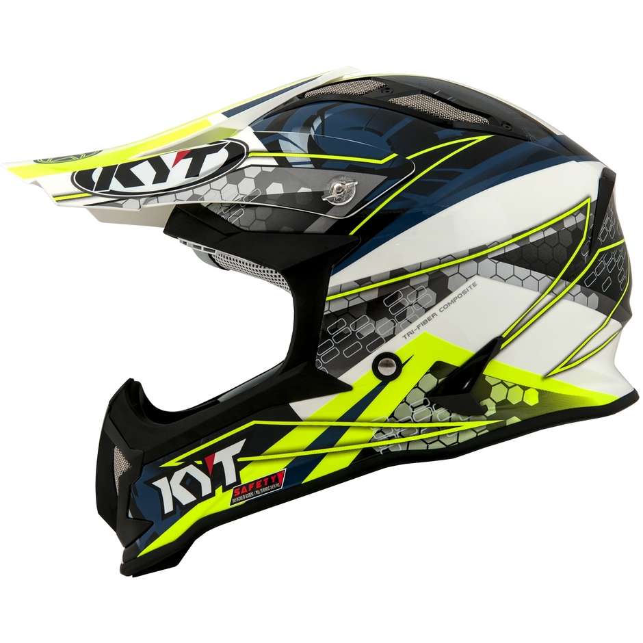 Moto Cross Enduro Helm aus KYT STRIKE EAGLE WEB Matt Weiß Blau Faser