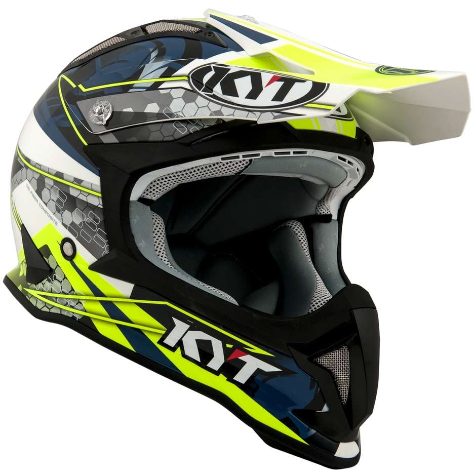Moto Cross Enduro Helm aus KYT STRIKE EAGLE WEB Matt Weiß Blau Faser