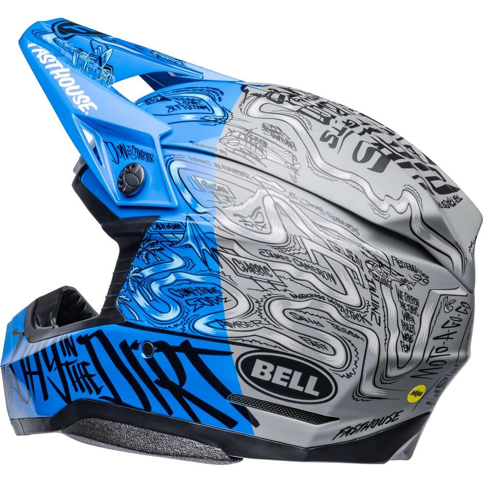 Moto Cross Enduro Helm Bell MOTO-10 SPHERICAL FASTHOUSE DITD Blau Grau Matt glänzend